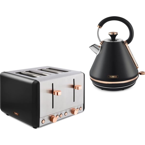 Tower Cavaletto Black & Rose Gold 1.7L 3KW Pyramid Kettle & 4 Slice 1800W Toaster. Contemporary Matching Kettle & 4 Slice Toaster Set in Black & Rose Gold