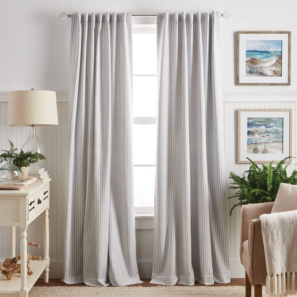 Martha Stewart Ticking Stripe Blackout Lining Rod Pocket/Back Tab Window Curtain Panel Pair, 95", White/Grey