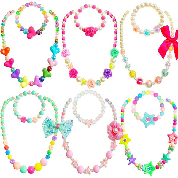 ELEMIRSA Necklaces and Bracelets for Girls, Little Girl Princess Pretend Play and Dress Up Jewelry Set, Party Favors Jewelry for Kids, Little Princess Jewelry Gift, 6 Sets