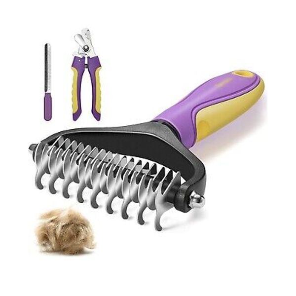 Faveetie Pet Grooming Brush, Double Sided Dematting Comb, Nail Clipper 3 Pcs