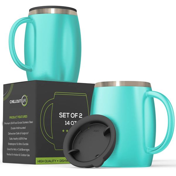 Stainless Steel Insulated Coffee Mugs Set of 2 (14oz) Double Wall Coffee Cups With Spill Resistant Lid & Handle – Shatterproof Cups for Cold & Hot Drinks for Indoor & Outdoor Use (Aqua Blue)