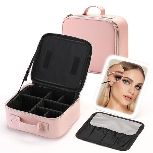 Makeup Box, Cosmetic Box, Makeup Brush Bag, Mirror with Removable LED Light, 3 Color Light, Stepless Dimming, EVA Makeup Pouch, Cosmetic Pouch, Makeup Pouch, Handheld Size: 26 x 23 x 11 cm, Professional Use, Dividers, Small, Dustproof, Adjustable Dividers