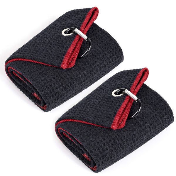 Mile High Life Golf Towel | Tri-fold Golf Towel w Carabiner Clip | Microfiber Waffle Pattern Golf Towels | Golf Accessories for Men (2 Pack Black/Red)