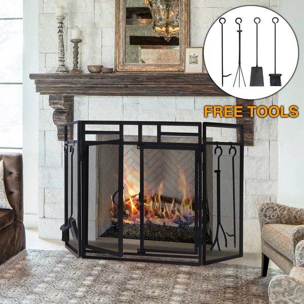 Fireplace Screen With Doors, Modern 3 Panel Fireplace Screen Fire Spark Guard