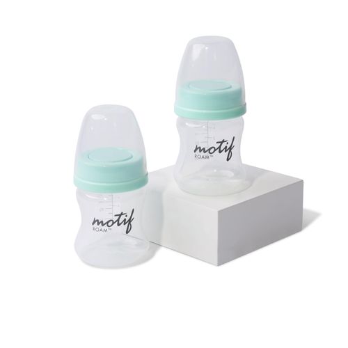 Motif Medical Breast Milk Storage Bottles for Roam Pump - Durable Plastic Breastfeeding Essentials w/Disks, Covers & Nipple Caps - Breast Milk Container (Set of 2, 5oz)