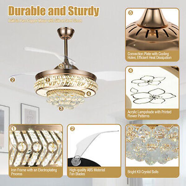 Modern Ceiling Fan Light Gold Crystal Chandelier Fan Retractable Blades w/Remote