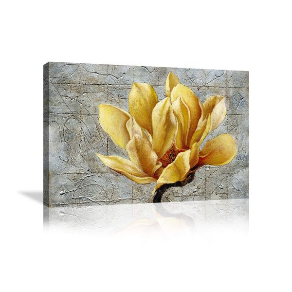 Urttiiyy Yellow Grey Flower Wall Art Abstract Gray Background Print on Canvas Home Decor Decal Pictures Poster for Bedroom Living Room Printed Painting Gifts Framed Ready to Hang - 36''x24''