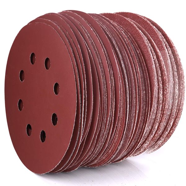 Teenitor Sanding Discs, 4.9 inches (125 mm) Diameter, Magic Type, Disc Paper with Dust Collection Holes, 8 Holes, Round Sandpaper, 65 Sheets, Electric Sander, Sanding Pad