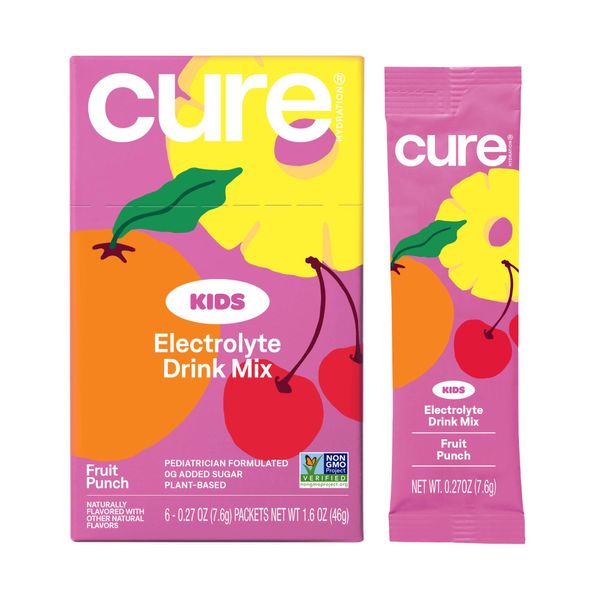 Cure Hydration - Kids Electrolyte Drink Mix | Plant-Based Pediatrician Formulated Rehydration Powder | No Added Sugar, Non-GMO, Gluten-Free, No Artificial Flavors | Box of 6 Packets - Fruit Punch