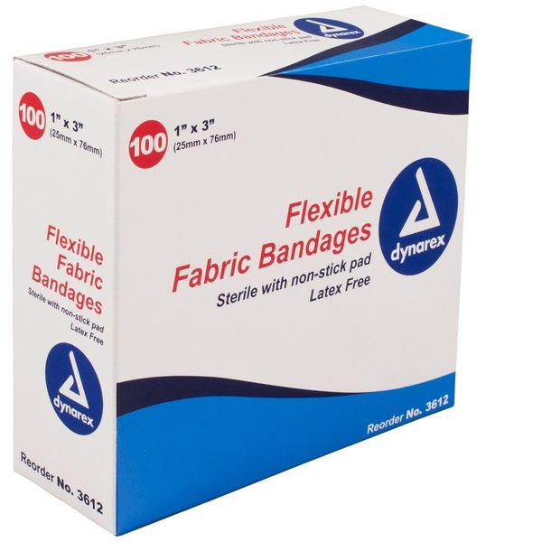 Dynarex Flexible Fabric Adhesive Bandages - 3612, Box of 100 1" X 3"