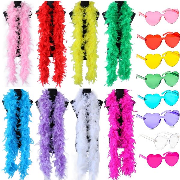 8Pcs Colorful Feather Boas, with 8Pcs Heart Rimless Sunglasses，6.6ft/2m Chandelle Turkey Feather Boa for Women for Dancing Wedding Party Halloween(8-piece set)