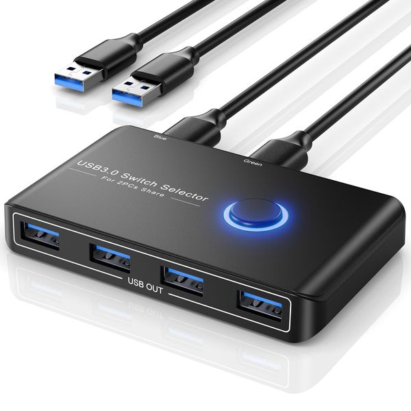 USB Switch 2 PC, USB 3.0 Switch 2 Eingänge 4 Ausgänge, USB KVM Switch mit 2 Hochgeschwindigkeits-USB 3.0-Kabeln, für Drucker, Maus, Tastatur, Festplatte, USB Stick