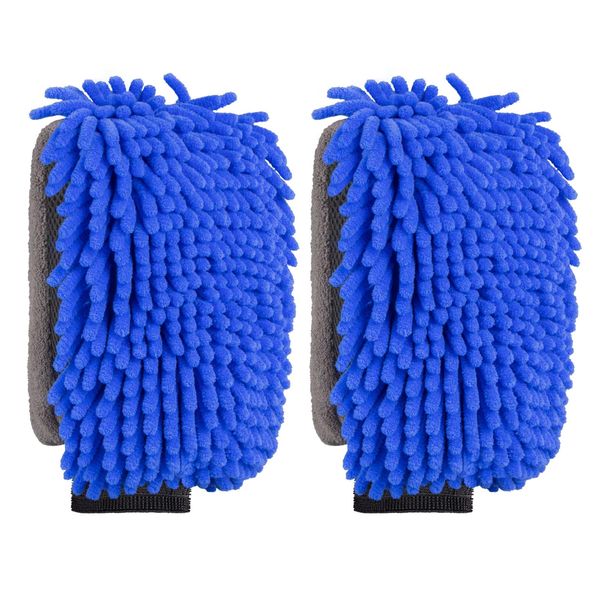 Bemece 2PCS Microfibre Car Wash Mitts, Efficient 3-in-1 Car Cleaning Mitt with Elastic Wrist Cuffs for Whole Car Washing, Scratch Free and Super Absorbent -Blue