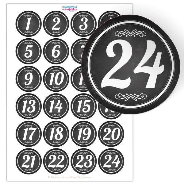 Adventskalender-Zahlen Aufkleber 1 bis 24 / schwarz Tafellook, große Zahlen/Weihnachtskalender Etiketten rund/Advent/DIY/zum Aufkleben