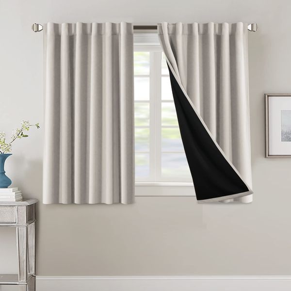 H.VERSAILTEX 100% Blackout Curtains for Bedroom with Black Liner Full Room Darkening Curtains 45 Inch Long Thermal Insulated Back Tab/Rod Pocket Window Drapes for Living Room, Pumice Stone, 2 Panels