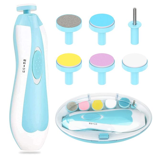 Baby Nail Care Set, Electric Baby Nail File, Nail Polishing, LED Light, 6 Attachments, For Babies, Newborns, Nail Clippers, Baby Shower Gift, Blue