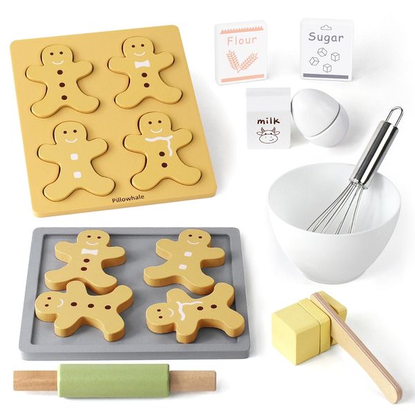 Pillowhale Wooden Toy Biscuits Baking Set,Pretend Play Food Sets for Kids Kitchen,Wooden Gingerbread Cookies Play Food Set,Play Kitchen Accessories for Toddlers Boys Girls Ages 3+