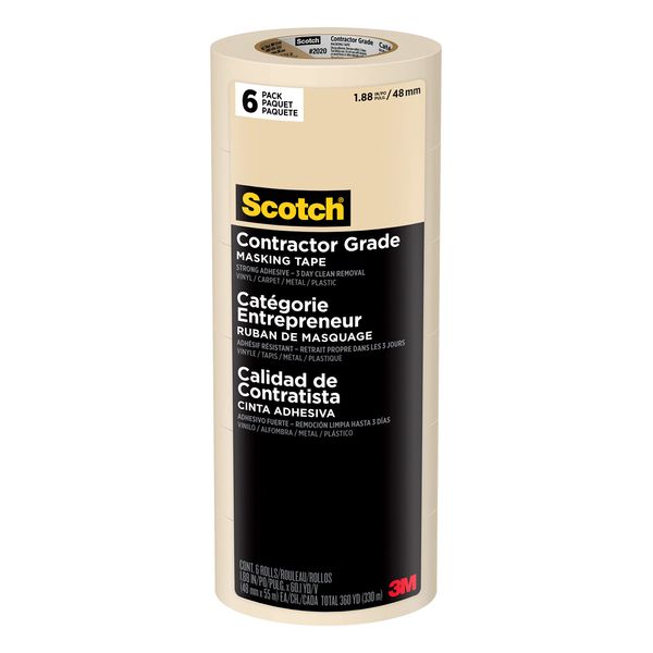 Scotch Painter's Tape Contractor Grade Masking Tape, 6 Rolls, 1.88 in x 60.1 yd, Holds to Surfaces For Up to 3 days, Removes Easily Without Leaving Sticky Residue, Interior & Exterior Use (2020-48TP6)