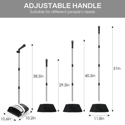 EZKEY Broom and Dustpan Set for Home, 51-in Long Adjustable Handle Angle Broom and Dustpan Combo Set with Dust Pan Teeth to Clean Hair for Home Kitchen Office Lobby Floor Garden (Black&White)