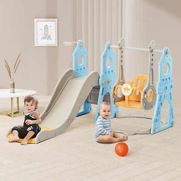 4-In-1 Toddler Slide and Swing Set with Extra Large Playground, Basketball Hoop