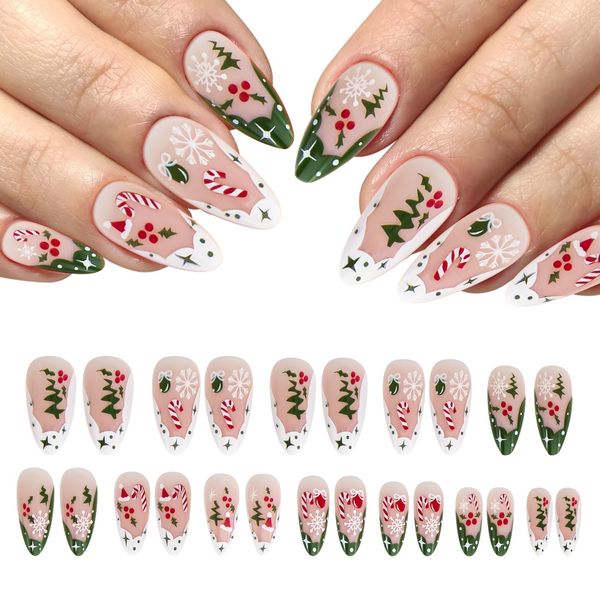 Christmas False Nails, 24PCS Long Press on Nails Full Cover Glossy Fake Nails with Jelly Glue Xmas Snowflake Stick on Nails Artificial Finger Manicure for Women Girls Holiday Nail Decoration Y7XHGZMJ