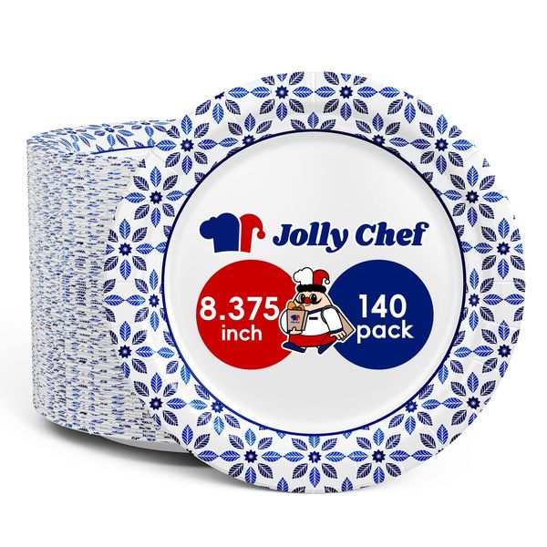 JOLLY CHEF 8.37 inch Disposable Paper Plates 140 Count Soak Proof, Cut Proof, Heavy Duty Printed Disposable Plate for Everyday Use