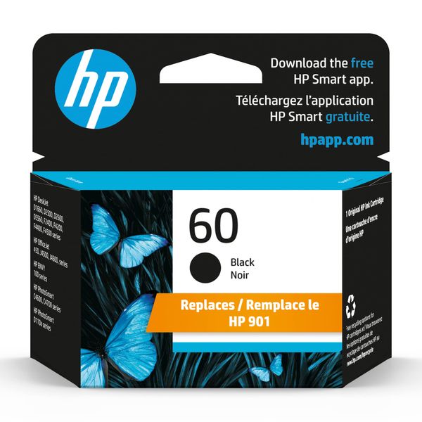 HP 60 Black Ink Cartridge | Works with DeskJet D1660, D2500, D2600, D5560, F2400, F4200, F4400, F4580; ENVY 100, 110, 120; PhotoSmart C4600, C4700, D110a Series | CC640WN