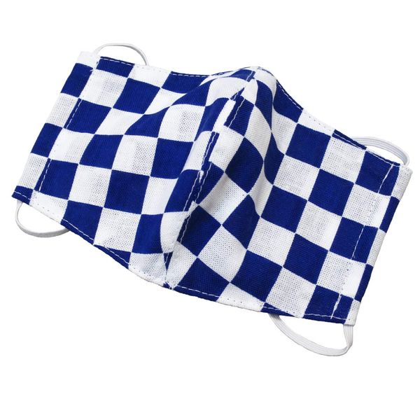 Washable! Japanese Pattern Tenugui Mask Checkered Blue Adult (Medium)