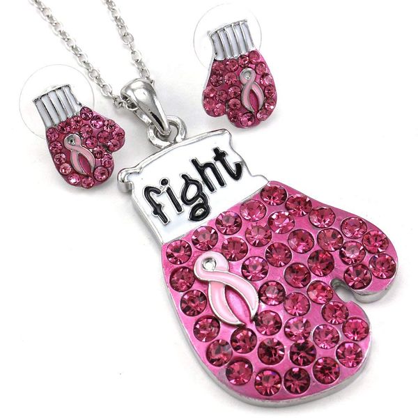 Soulbreezecollection Pink Ribbon Boxing Gloves Breast Cancer Awareness Necklace Pendant Earrings Set
