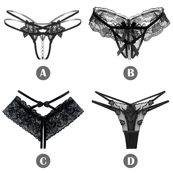 HOTSO Women 4 Pack Lace Thong Briefs Low Rise Underwear, Ladies Sexy Hollow Out See Through G-String, Ultra Thin Flower Embroidery with Bowknot Bikini Lingerie Panties for Women