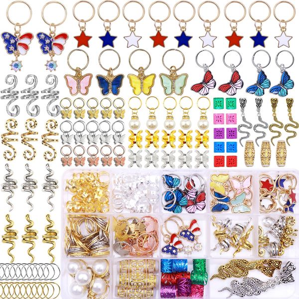 NAISKA 158PCS Gold Butterfly Braid Jewelry Dreadlock Accessories Snake Braid Clips Loc Jewelry Set Hair Decoration Hair Beads Cuffs Rings Retro Hair Clips Pendants for Women and Girls