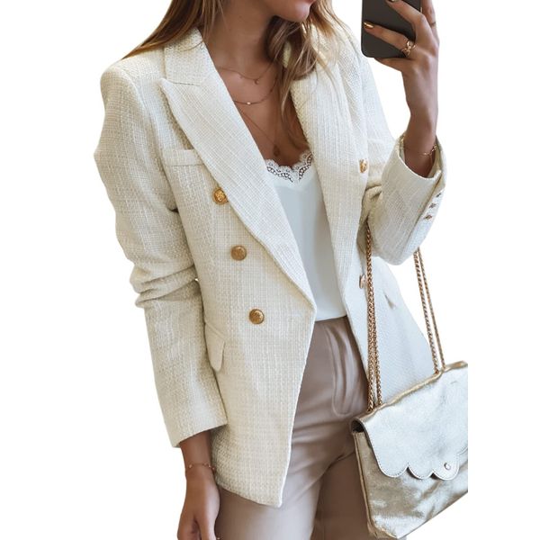 Happy Sailed Womens Fashion Work Suits 2024 Spring Long Sleeve Double Breasted Tweed Blazers Slim Fitted Lapel Open Front Business Office Blazer Jackets Professional Outfits White Medium