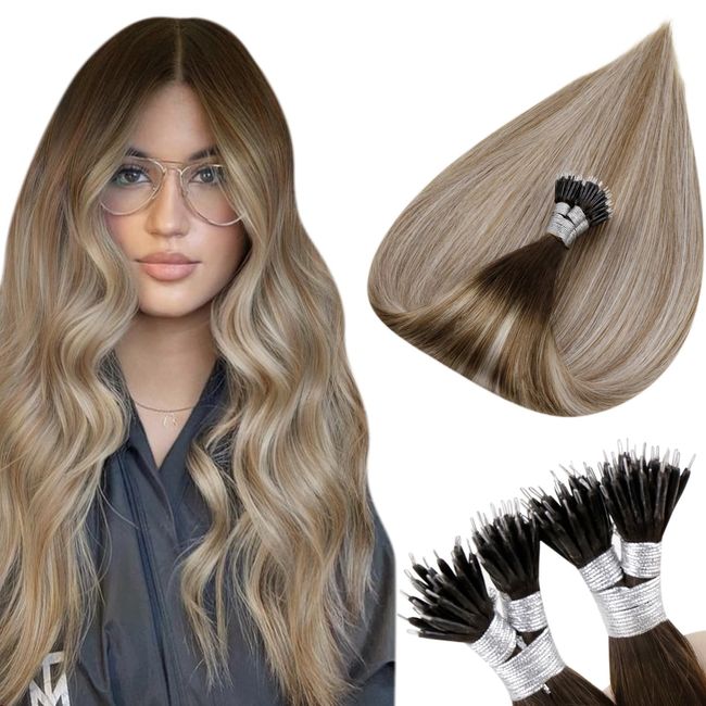 Hetto Echthaar Nanoring Extensions Balayage Blond Nanoring Haarverlangerung Remy Nano Ring Echthaar Extensions Dunkelbraun Mix Aschbraun und Mittelblond 55cm 50g