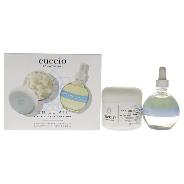 Cuccio Somatology Chill Kit - Gently Exfoliates - Soothes and Hydrates Skin - for Yourself or Loved Ones - Paraben Free - Includes Cooling Body Scrub and Hand and Body Oil - 2 pc