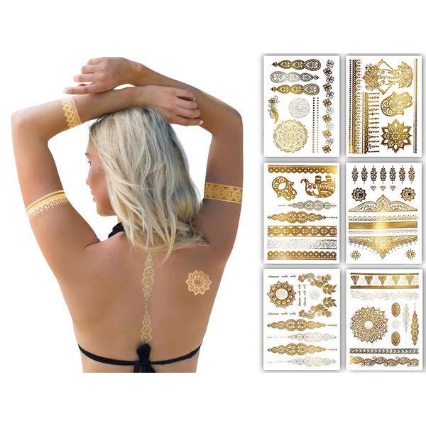 Terra Tattoos Gold Metallic Tattoo Flash Sheets Designs of Elephants, Flowers & more! Face Tattoos for Women Waterproof Nontoxic Long Lasting 75+ Designs for Vacation, Festivals Parties - Gold