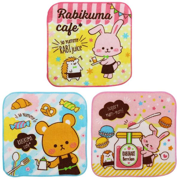 Hayashi PI443400 Petite Towel Set, Towel Handkerchief, Mix, Approx. 6.3 x 6.3 inches (16 x 16 cm), Rabikuma Cafe