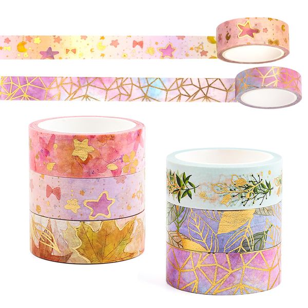 RISVOWO 6 Rollen Washi Tape, 15mm x 5m Washi Klebeband Set, Goldfolie Blume Masking Tape Set, Dekoratives DIY Papier Tap für DIY Handwerk, Scrapbooking, Planer