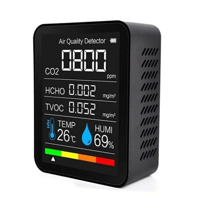 Fine Dust Meter Air Quality Meter Portable 5 In 1 Carbon Dioxide Detector CO2 Digital Temperature Humidity Tester HCHO TVOC Air Quality Monitor, Black