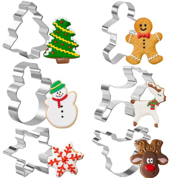 Keepaty Christmas Cookie Cutters for Kids Set of 6 - Xmas Biscuit Cutter Pastry Cutters Christmas Tree Snowman Ginggerbread Man Snowflake Reindeer Head Shapes for Baking