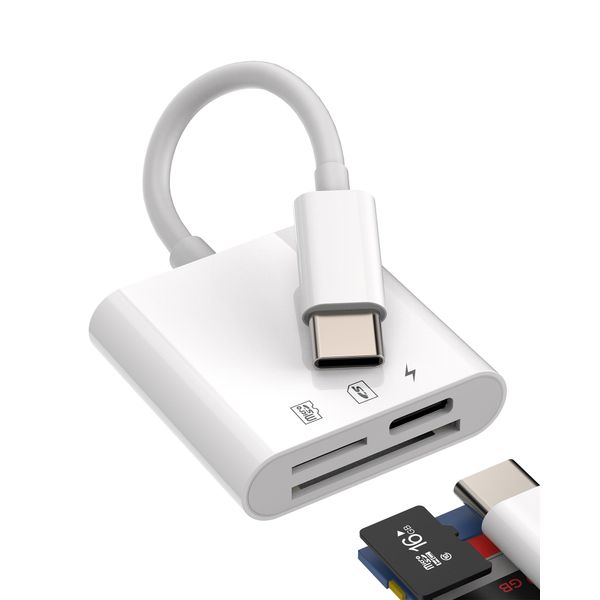 SD Card Reader Type-C Converter Adapter USB C Simultaneous Fast Charging 3 in 1 Compatible with Apple iPhone 15 Pro Max Plus iPad Pro Air Mini Type C External Micro SD Micro SD Micro SD TF Data