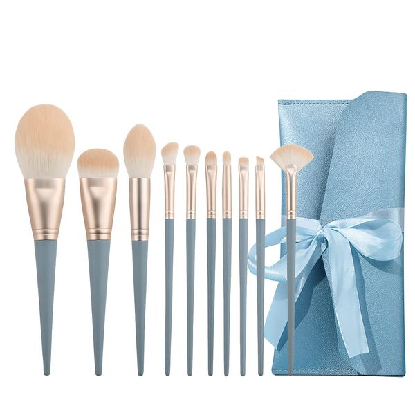 Set di pennelli per trucco naturali, 10 pezzi pennello make up professionali, pennelli make up per fondotinta correttore cipria fard ombretto sopracciglia, makeup brush set con borsa cosmetica (blu)