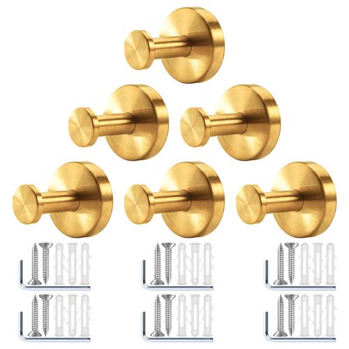 Gold Shower Hooks, 6 Pack Hooks with Hexagonal Allen Wrench, Expansion Rubber Plug, and Fastening Screw, Premium Stainless Steel Gold Towel Hook Set for Cement Walls, Marble, Wood, Brick, Tile