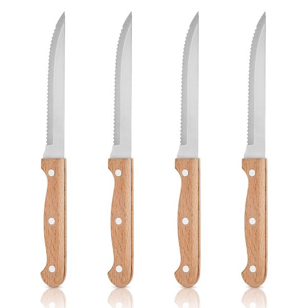 Herogo Steak Knives Set of 4, Stainless Steel Serrated Steak Knife with Wooden Handle, Sharp Kitchen Knife for Meat Bread Cutting, Dinner Table Knives Set, Dishwasher Safe