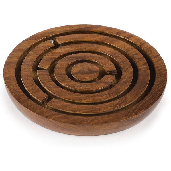 Pam Herbals Wooden Circular Labyrinth Maze Puzzle Board Game 3 Metal Balls Traditional Sheesham Challenging Education Game, Brain Teaser for Kids, Adults, Teens, Boy & Girl, Size 5 inches