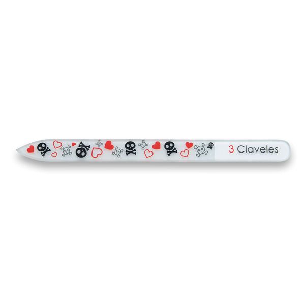 3 Claveles - Glass Nail File Decorated Skull Lovers Collection Tempered Glass 4cm White