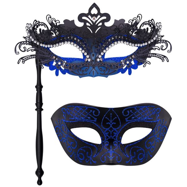 SIQUK Couple Masquerade Masks with Holding Stick Venetian Party Mask Halloween Costume Carnival Mask for Couples Women and Men, Phoenix Tail Black and Blue