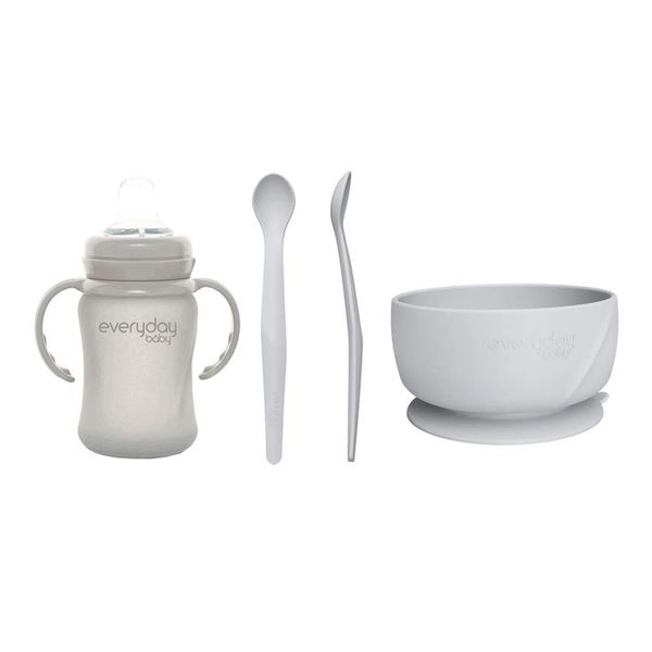 Everyday Baby Drinking and Eating Set I, From 4 Months, 1 Glass Drinking Cup Sippy Cup (150 ml), 1 Silicone Bowl, 2 Silicone Spoons, Quiet Grey, 4-Part, 30 820 0303 01