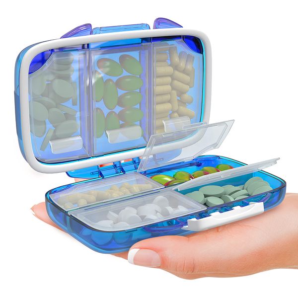 Travel Pill Organizer - Moisture Proof Pill Holder Daily Medicine Organizer Box Small Pill Case for Vitamin Supplement Pocket Pharmacy with Labels Pill Box for Purse Cute Pill Container 7 Compartments