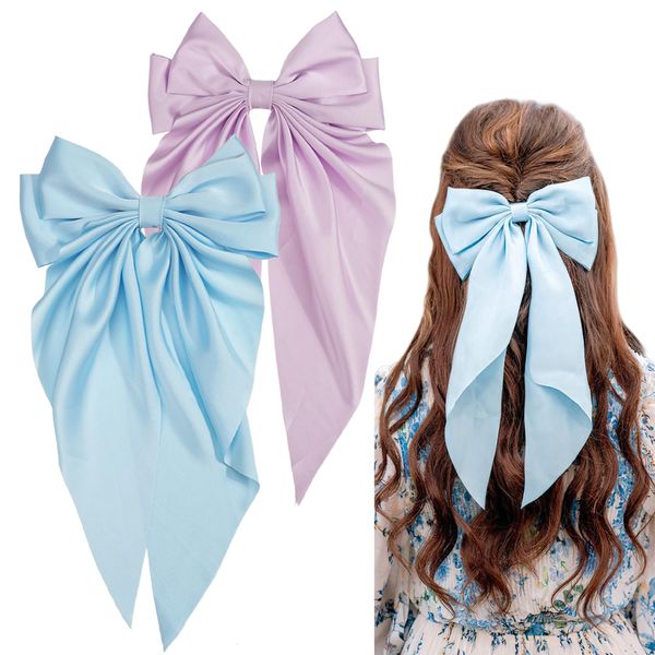 2Pcs Large Hair Bows for Women Girls, 7 inch Big Satin French Hair Barrettes, Bun Ponytail Holder Hair Bows for Women Girl Hair Accessories (Blue Purple)