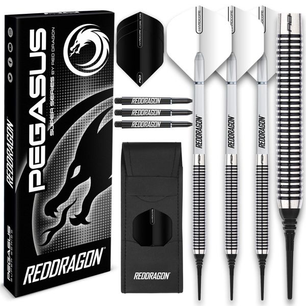 Red Dragon Pegasus Soft Tip: 18g - Tungsten Darts Set with White Stems, White Flights and Wallet